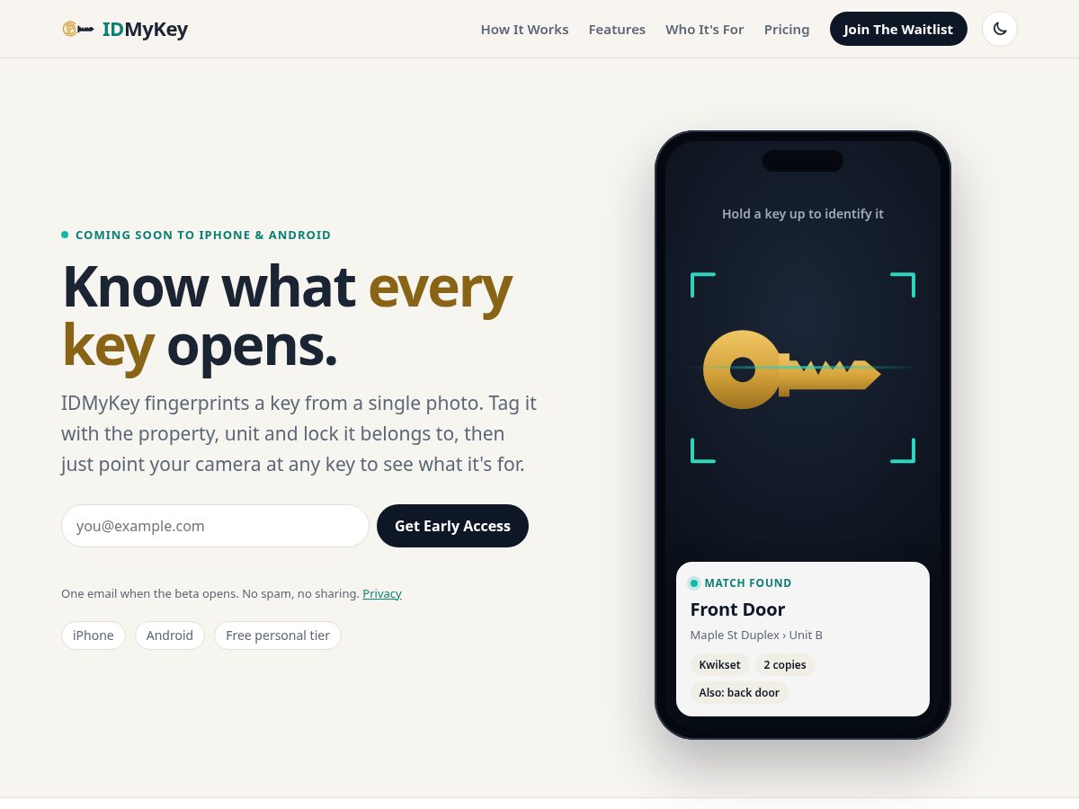 Landing-page snapshot of idmykey.com