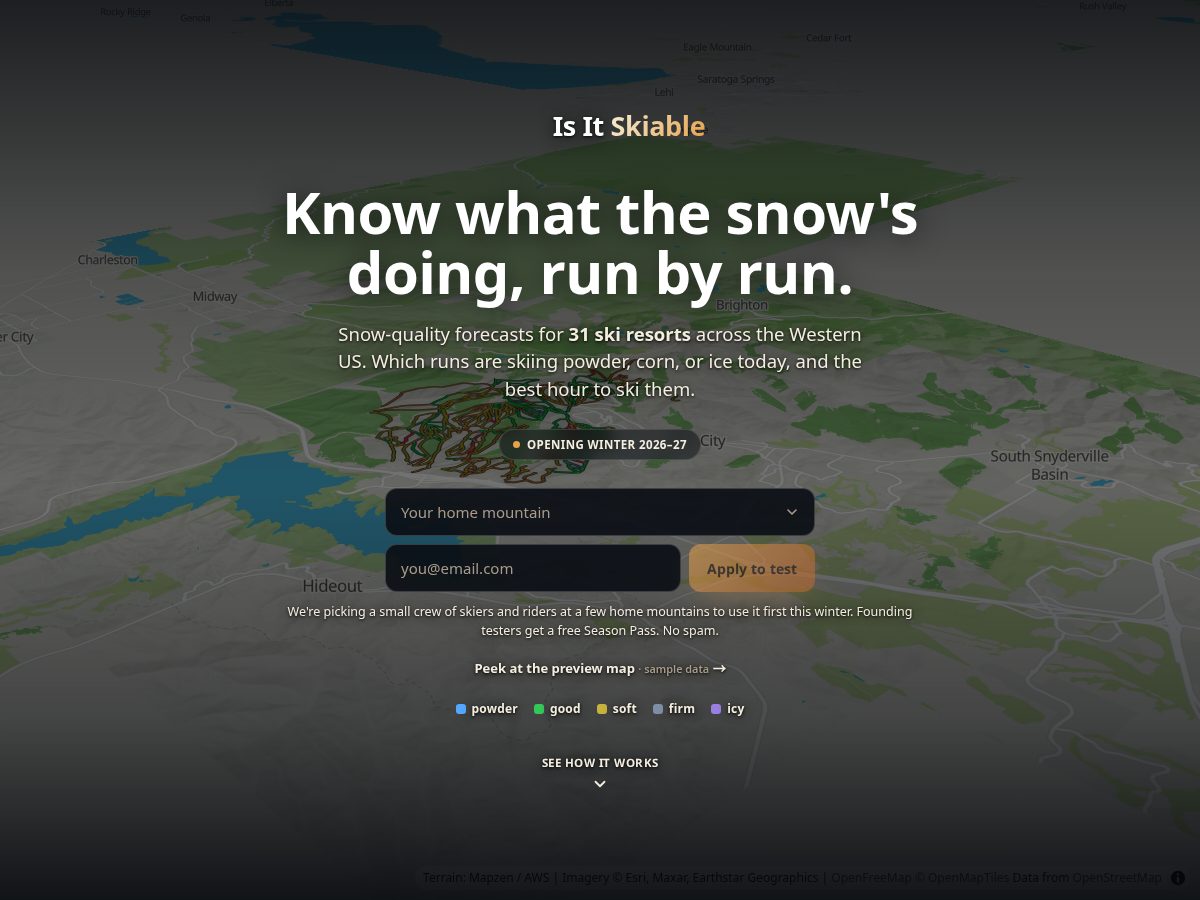 Landing-page snapshot of isitskiable.com