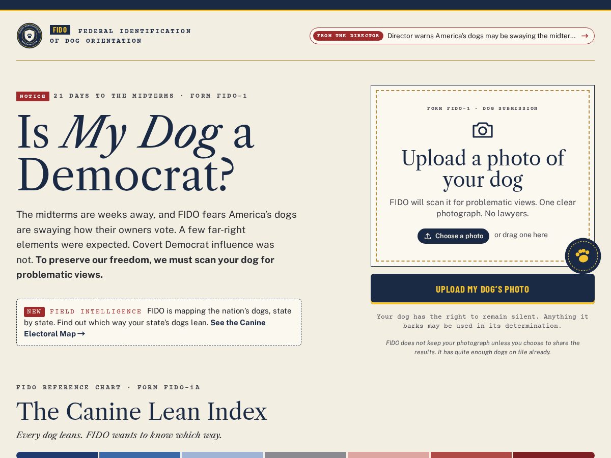 Landing-page snapshot of ismydogademocrat.com