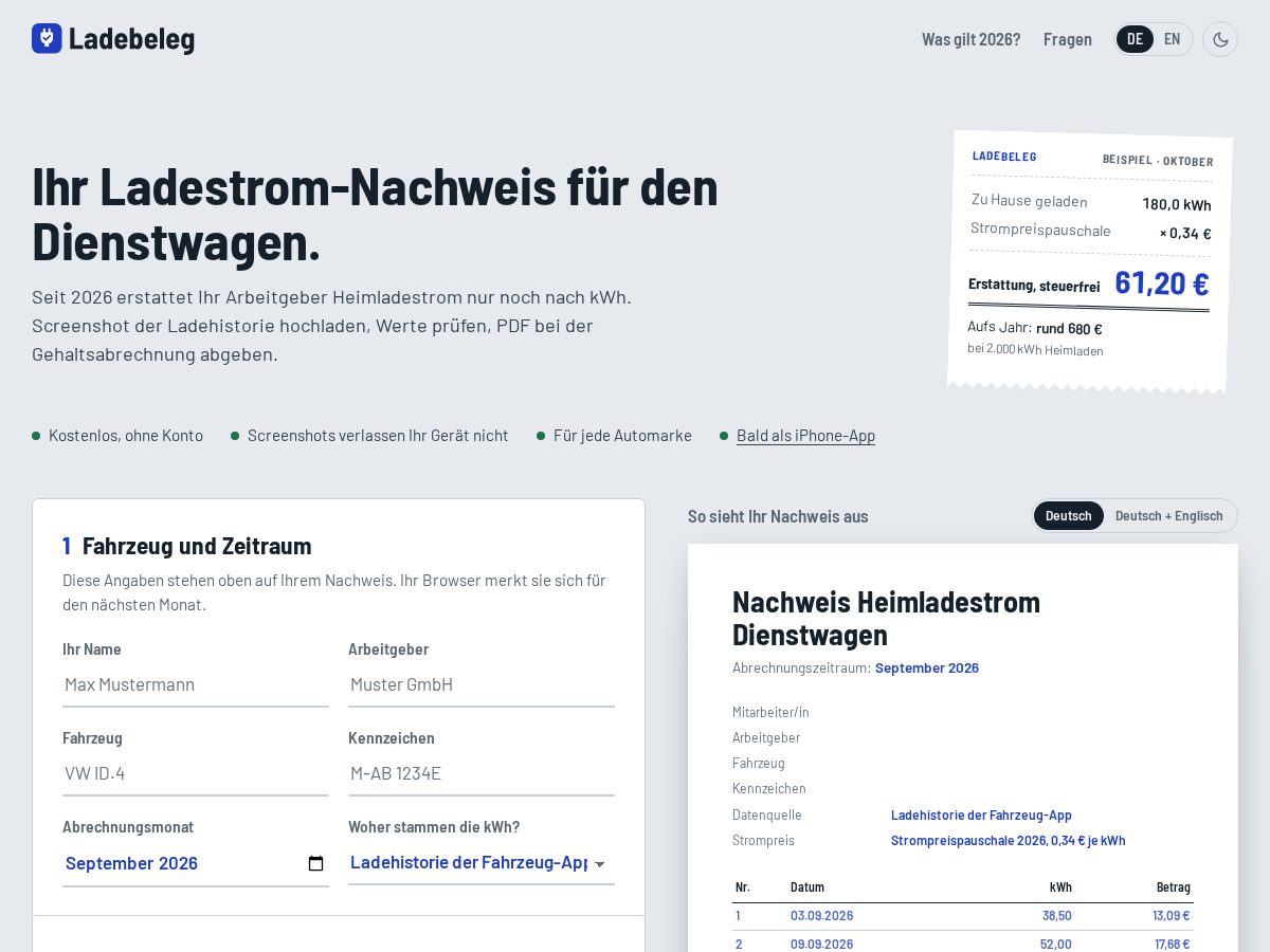 Landing-page snapshot of ladebeleg.com