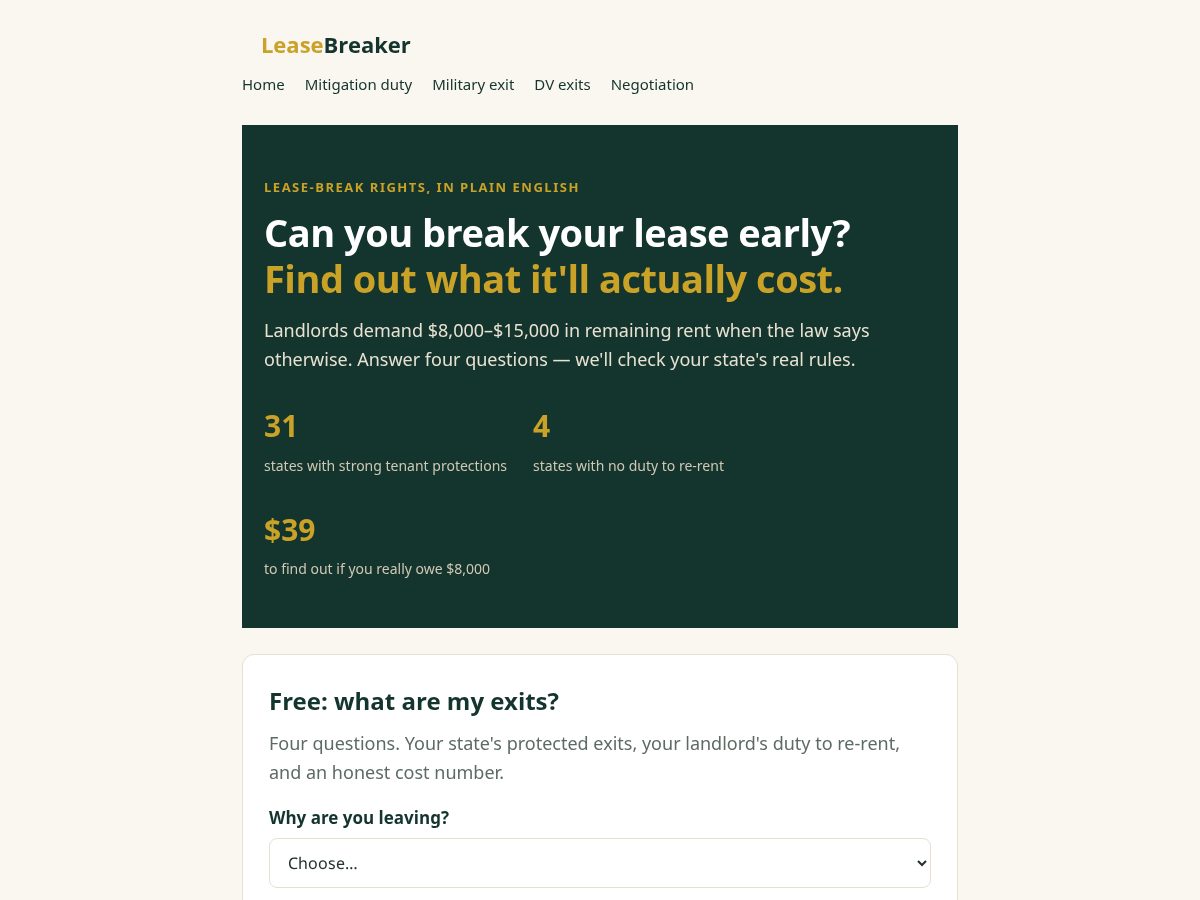 Landing-page snapshot of leasebreakerkit.com