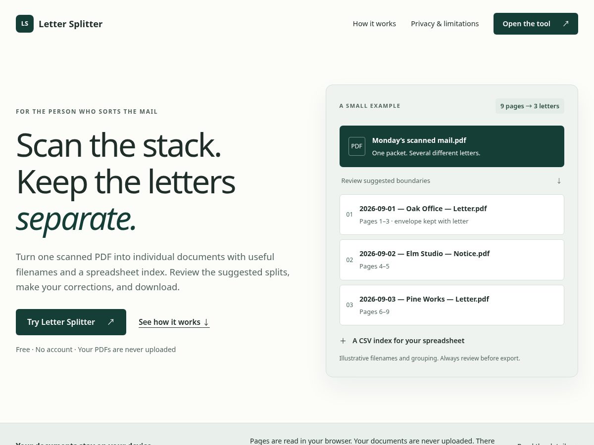 Landing-page snapshot of lettersplit.com