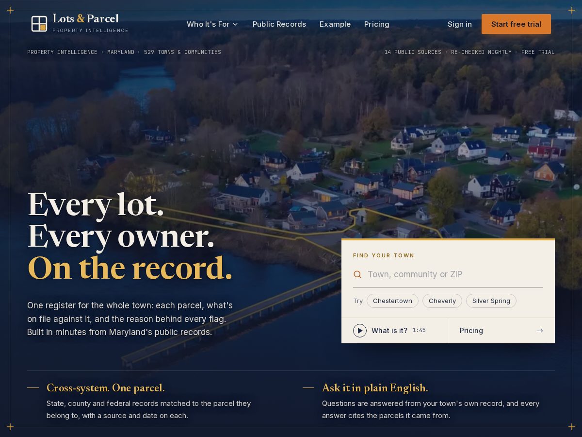 Landing-page snapshot of lotsandparcel.com