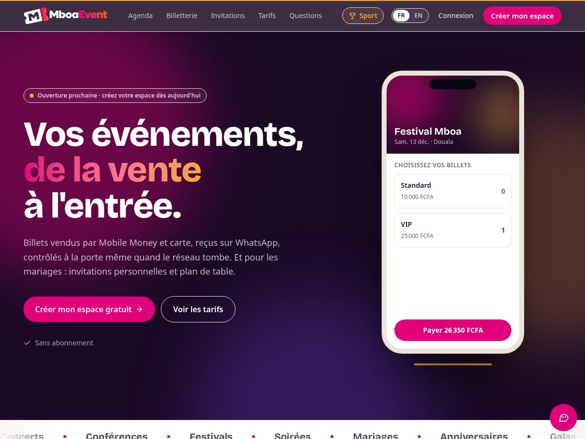 Landing-page snapshot of mboaevent.com