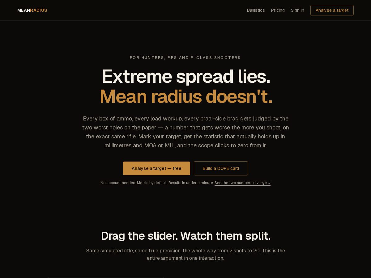 Landing-page snapshot of meanradius.app