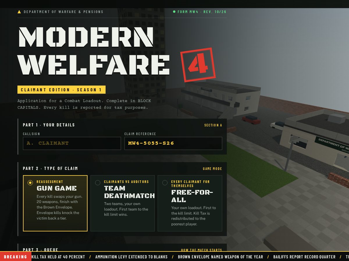 Landing-page snapshot of modernwelfare4.com