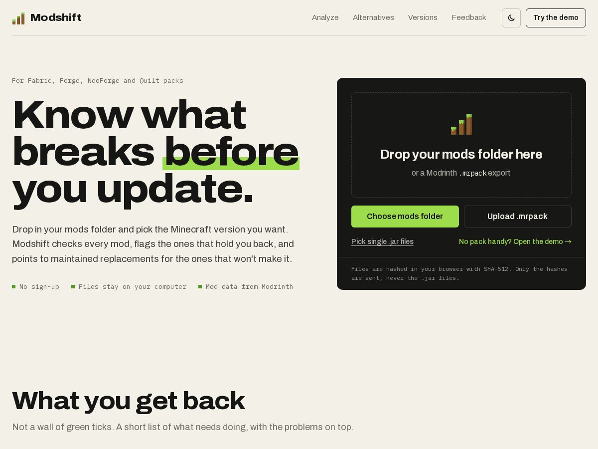 Landing-page snapshot of modshift.app