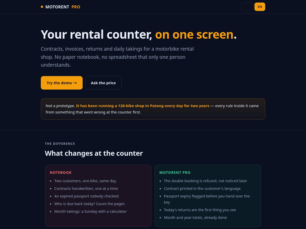 Landing-page snapshot of motorentpro.com