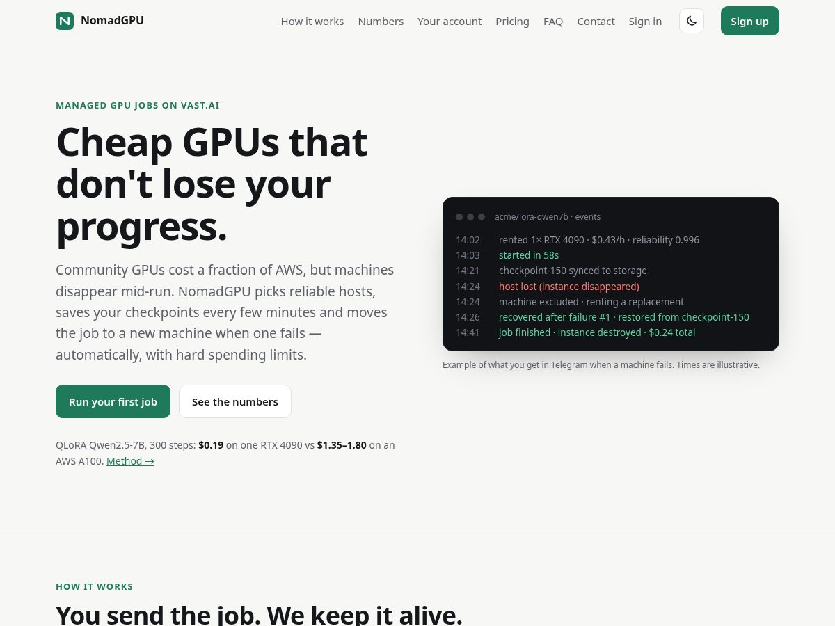 Landing-page snapshot of nomadgpu.com