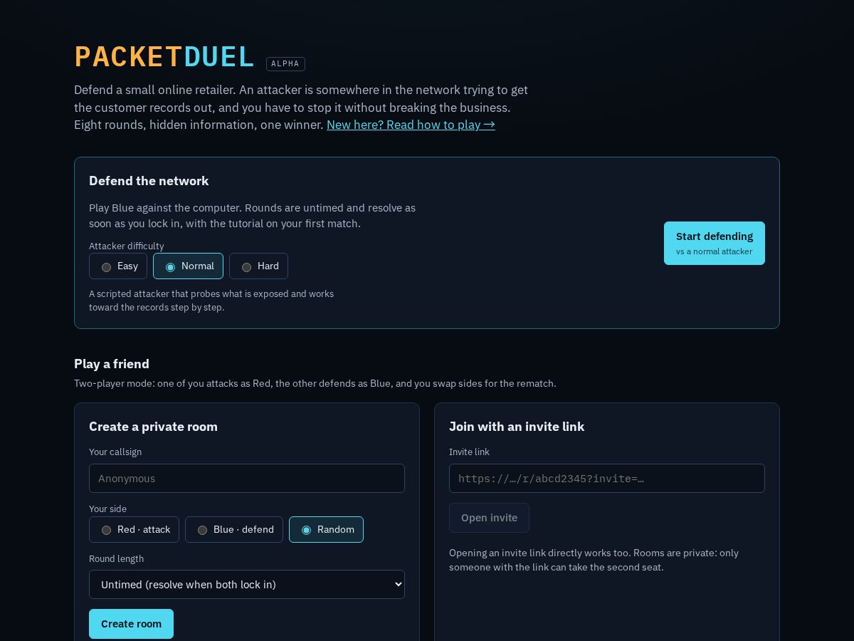 Landing-page snapshot of packetduel.com