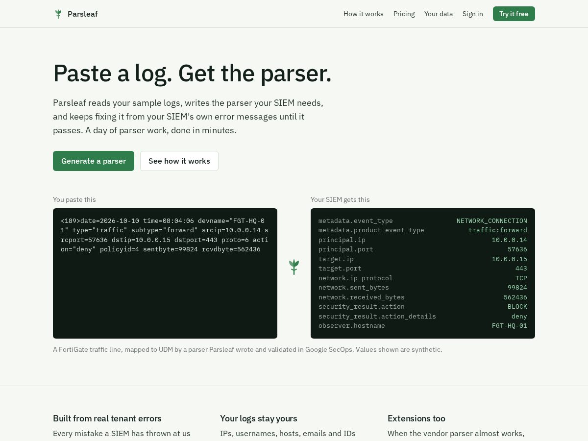 Landing-page snapshot of parsleaf.com