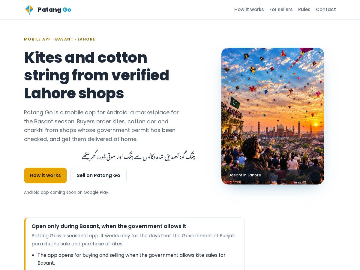 Landing-page snapshot of patang-go.com