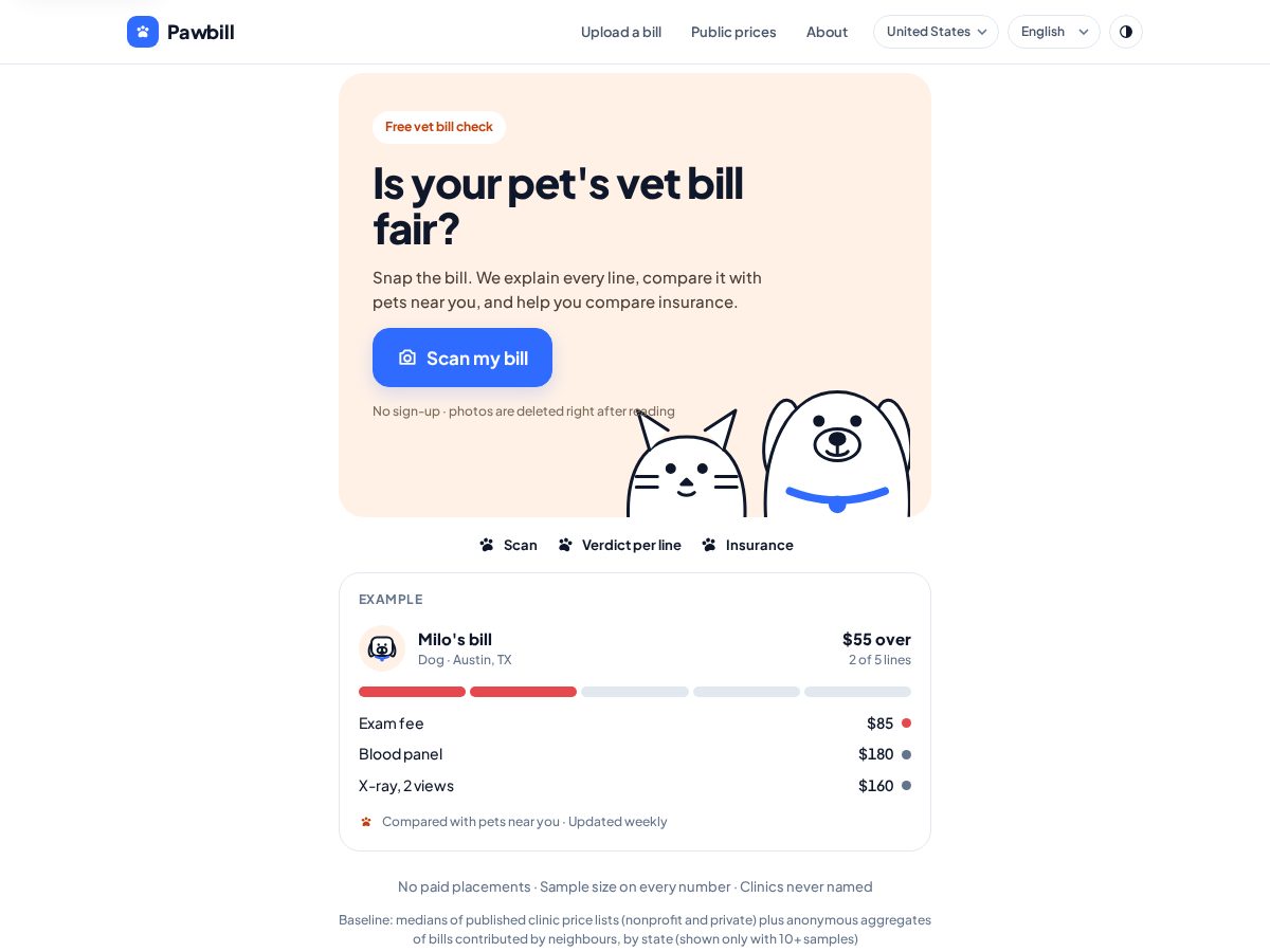 Landing-page snapshot of pawbill.app
