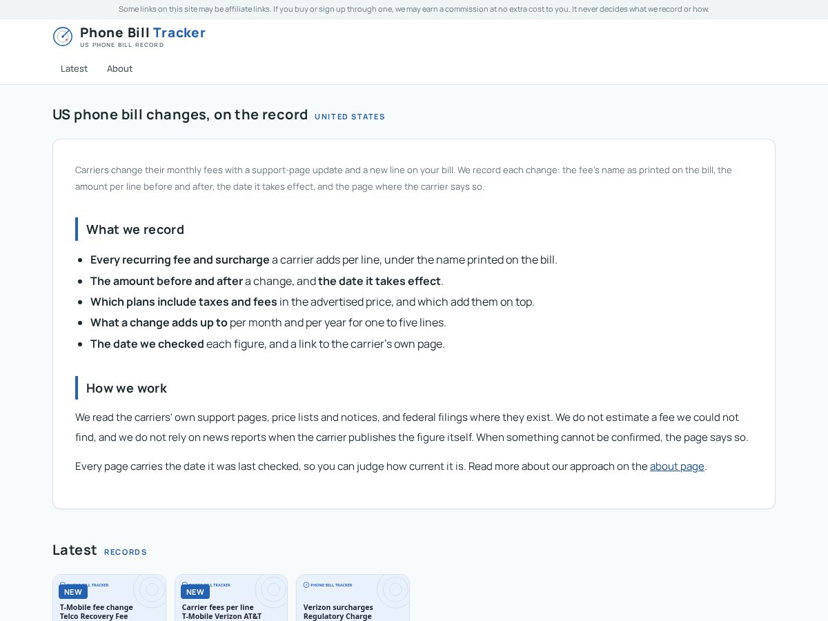 Landing-page snapshot of phonebilltracker.com