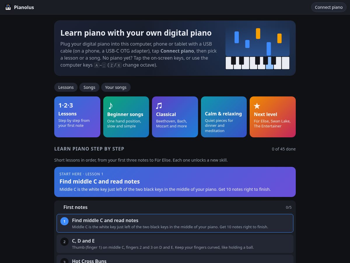 Landing-page snapshot of pianolus.com