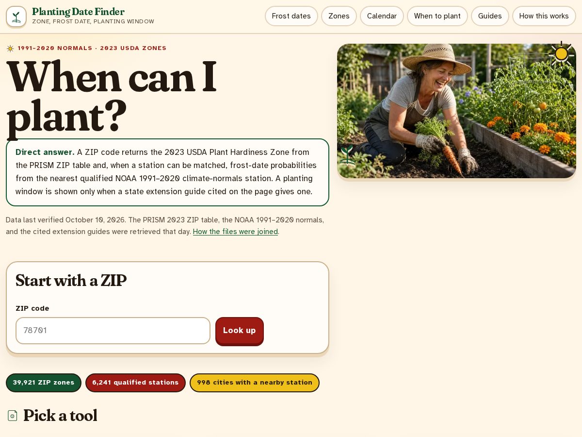 Landing-page snapshot of plantingdatefinder.com