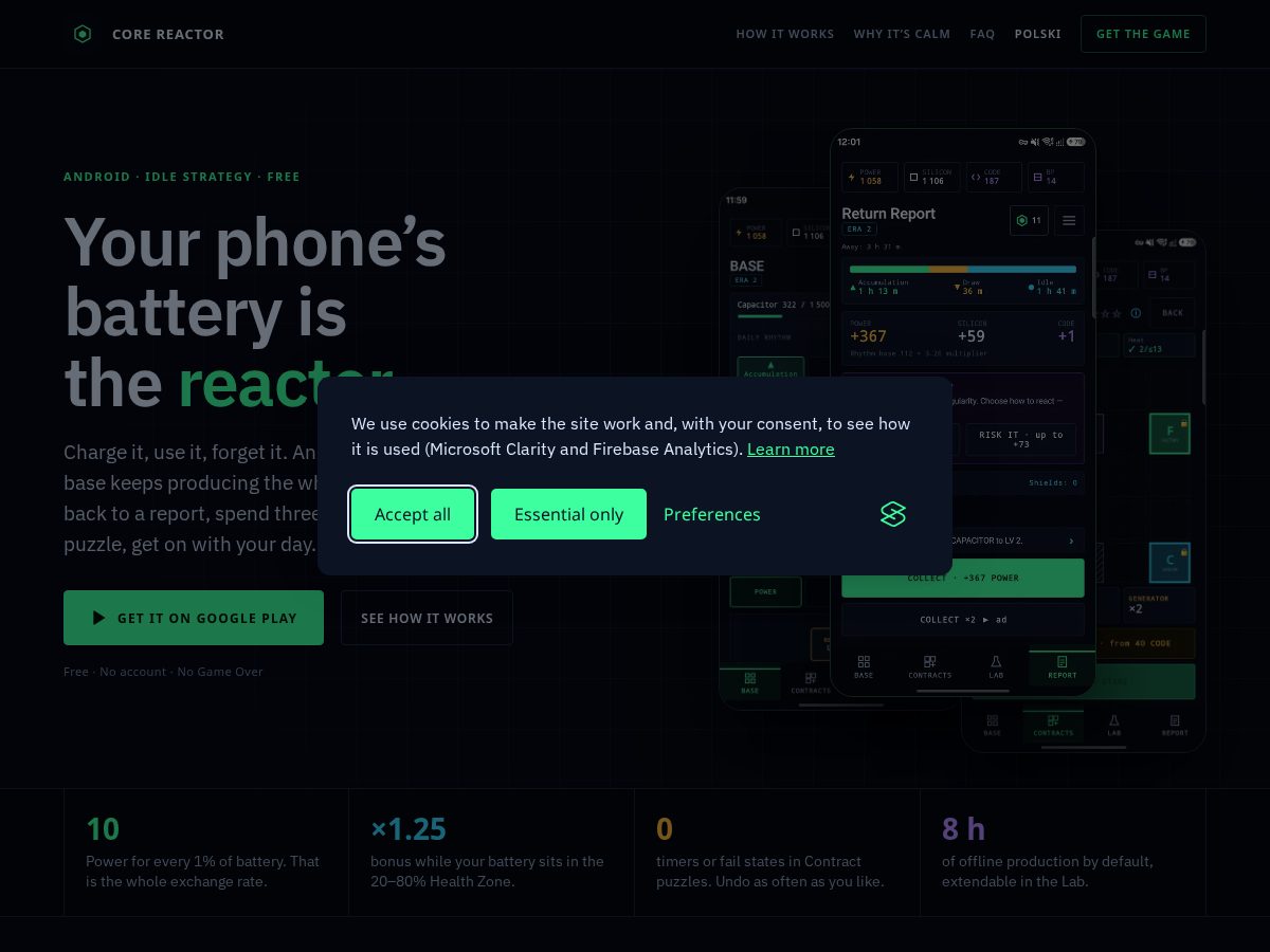 Landing-page snapshot of playcorereactor.com