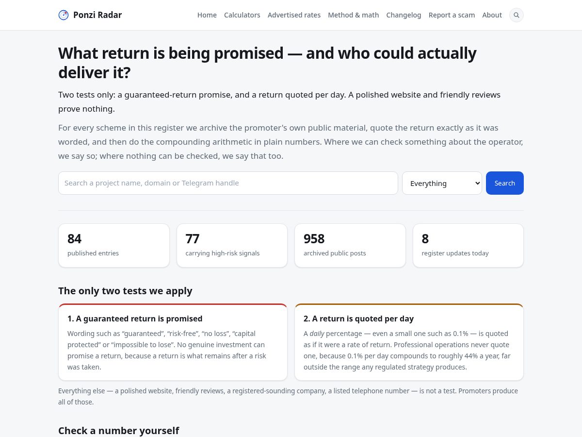 Landing-page snapshot of ponziradar.com