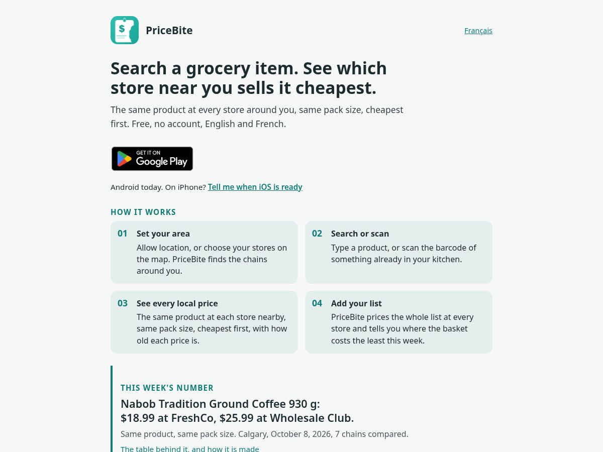 Landing-page snapshot of pricebiteapp.com