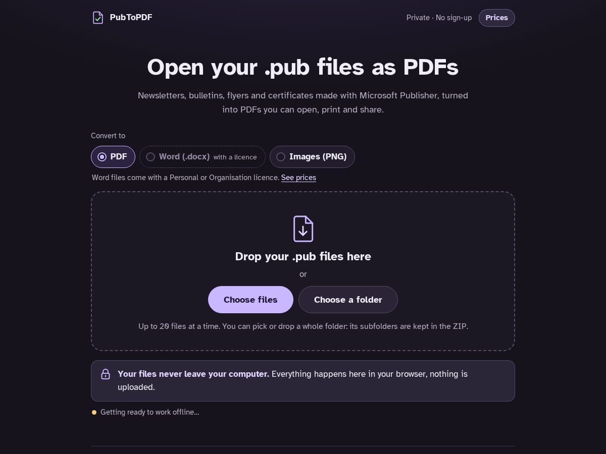 Landing-page snapshot of pubtopdf.app