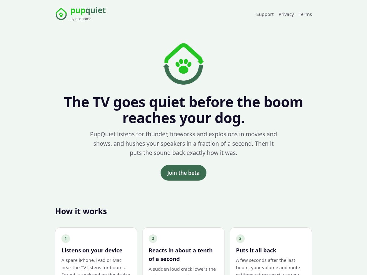 Landing-page snapshot of pupquiet.app