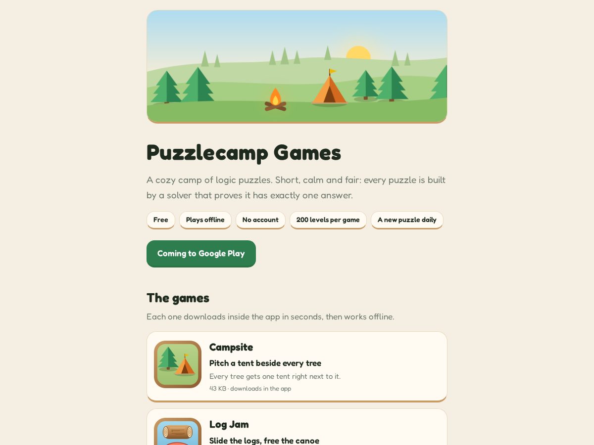 Landing-page snapshot of puzzlecamp.games