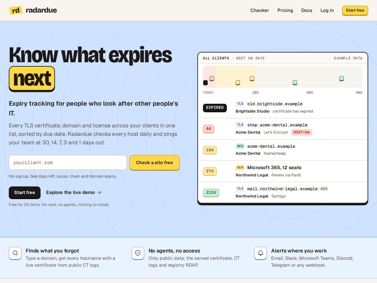 Landing-page snapshot of radardue.com