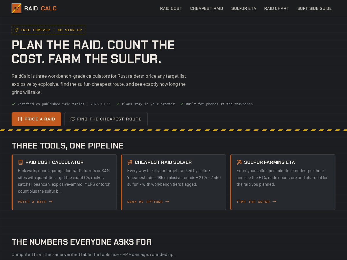 Landing-page snapshot of raidcalc.top