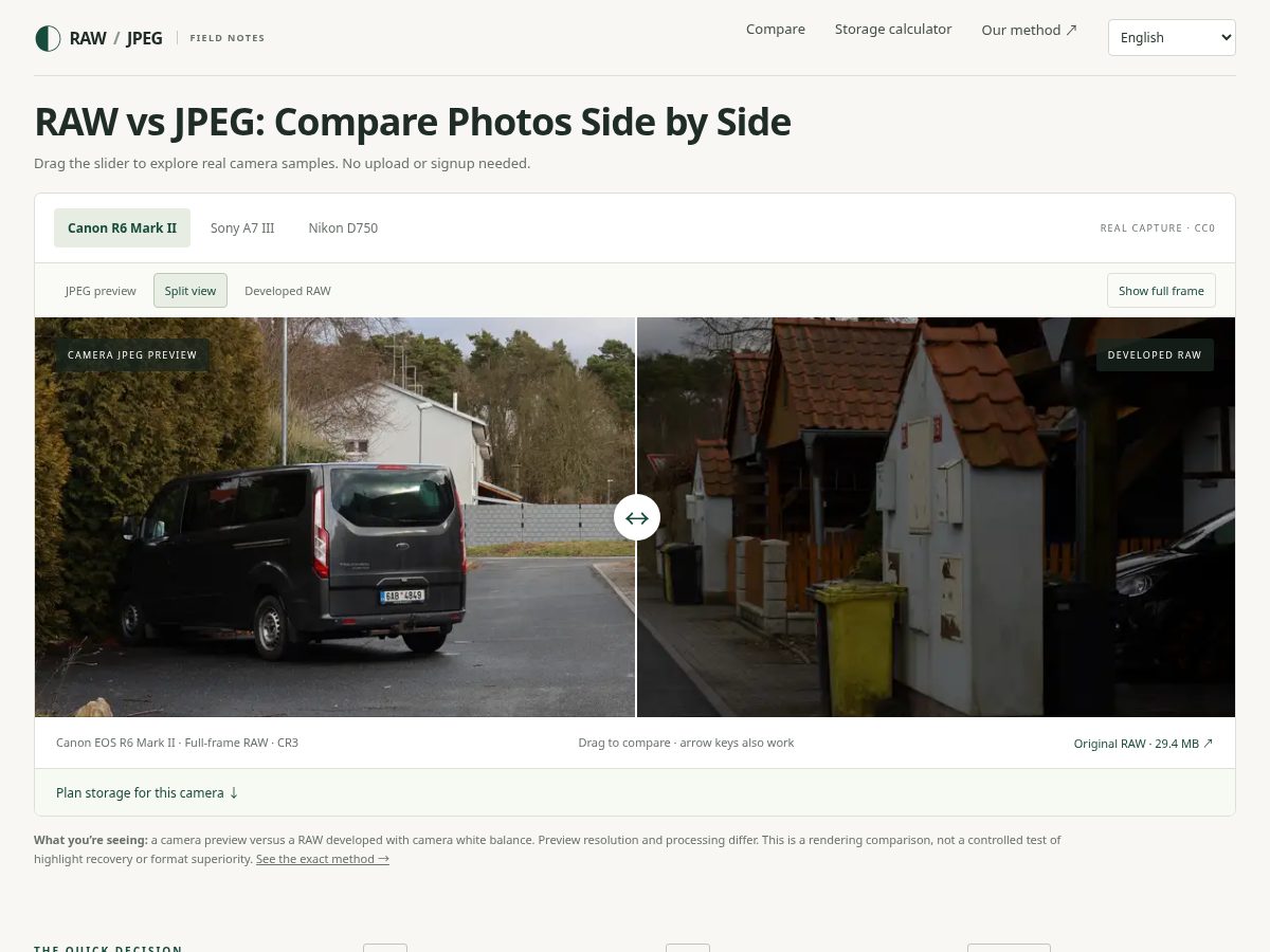 Landing-page snapshot of raw-vs-jpeg.com