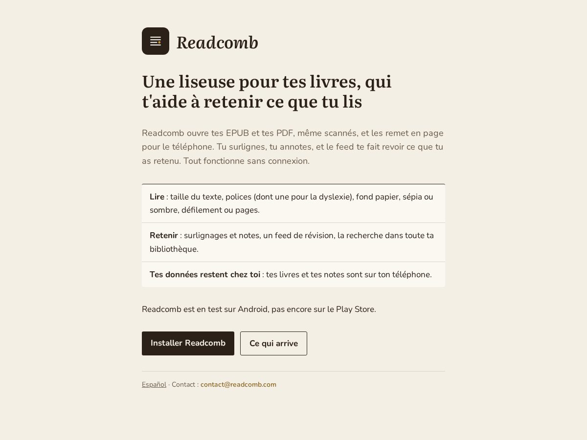 Landing-page snapshot of readcomb.com