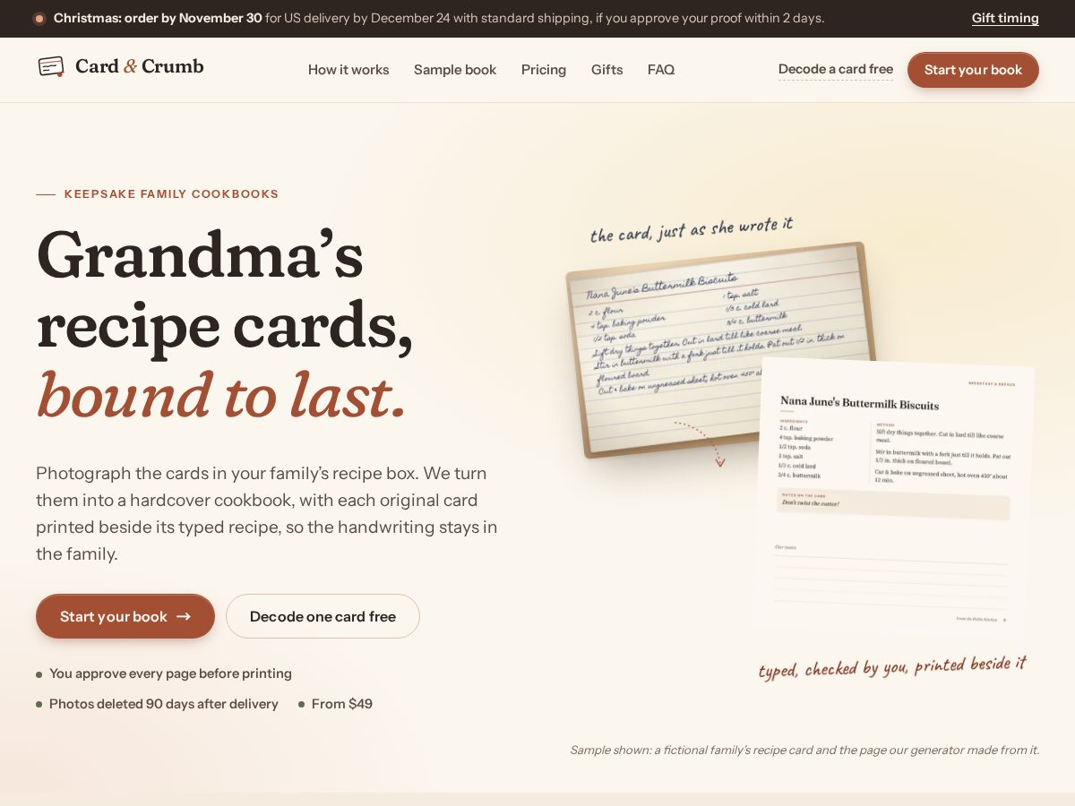 Landing-page snapshot of recipecardbook.com