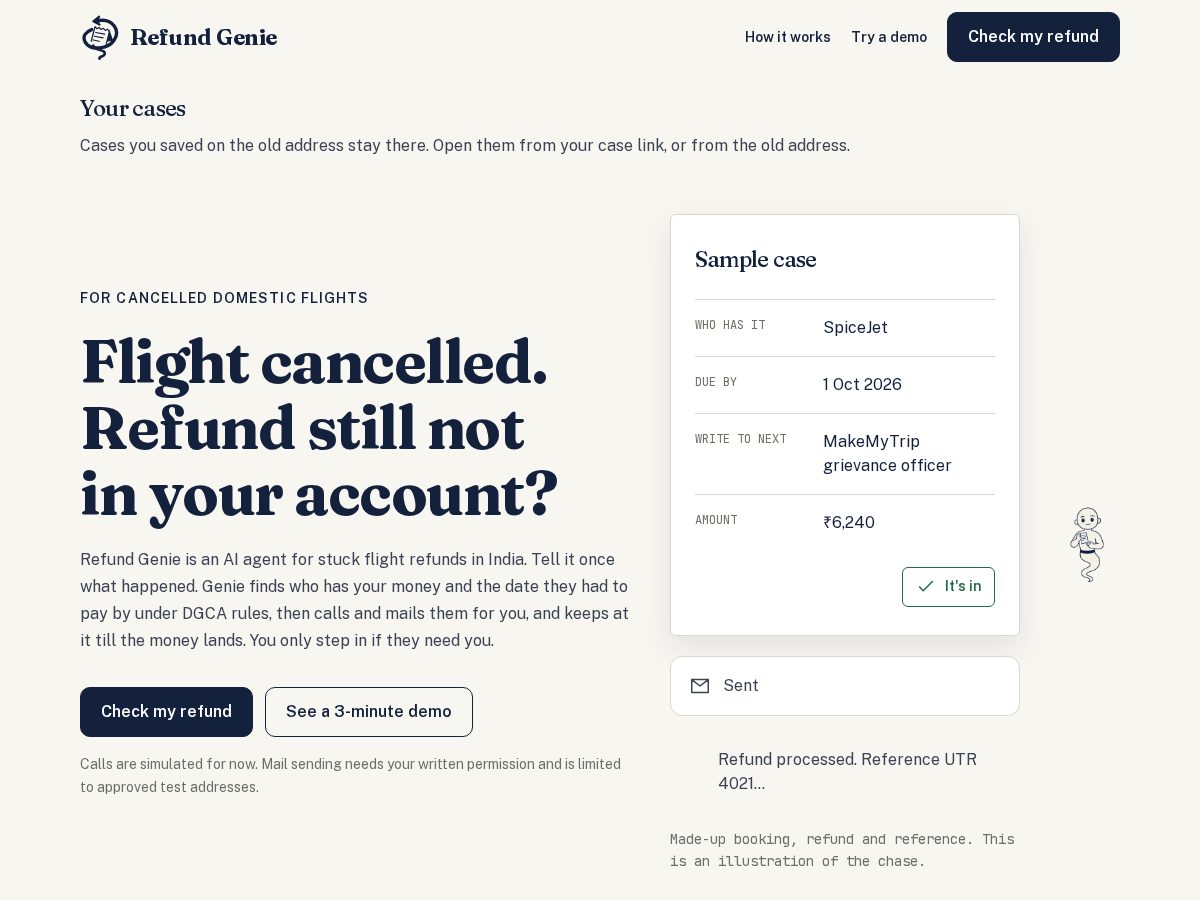 Landing-page snapshot of refundgenie.app