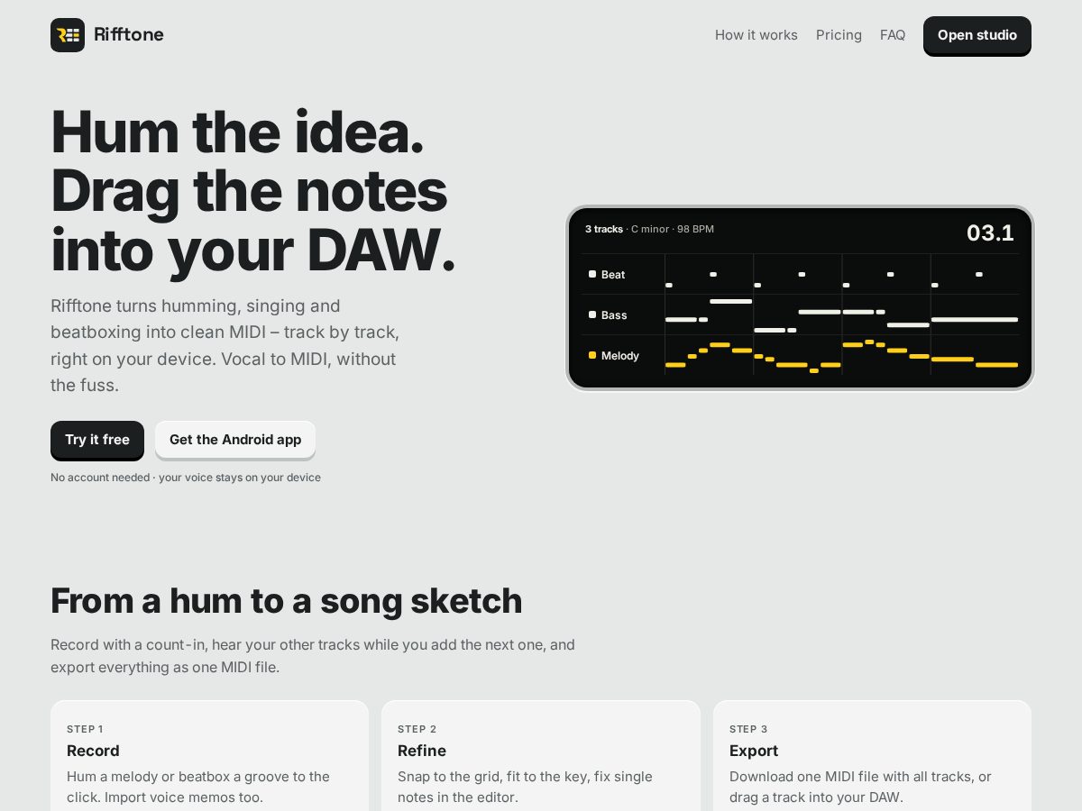 Landing-page snapshot of rifftone.app