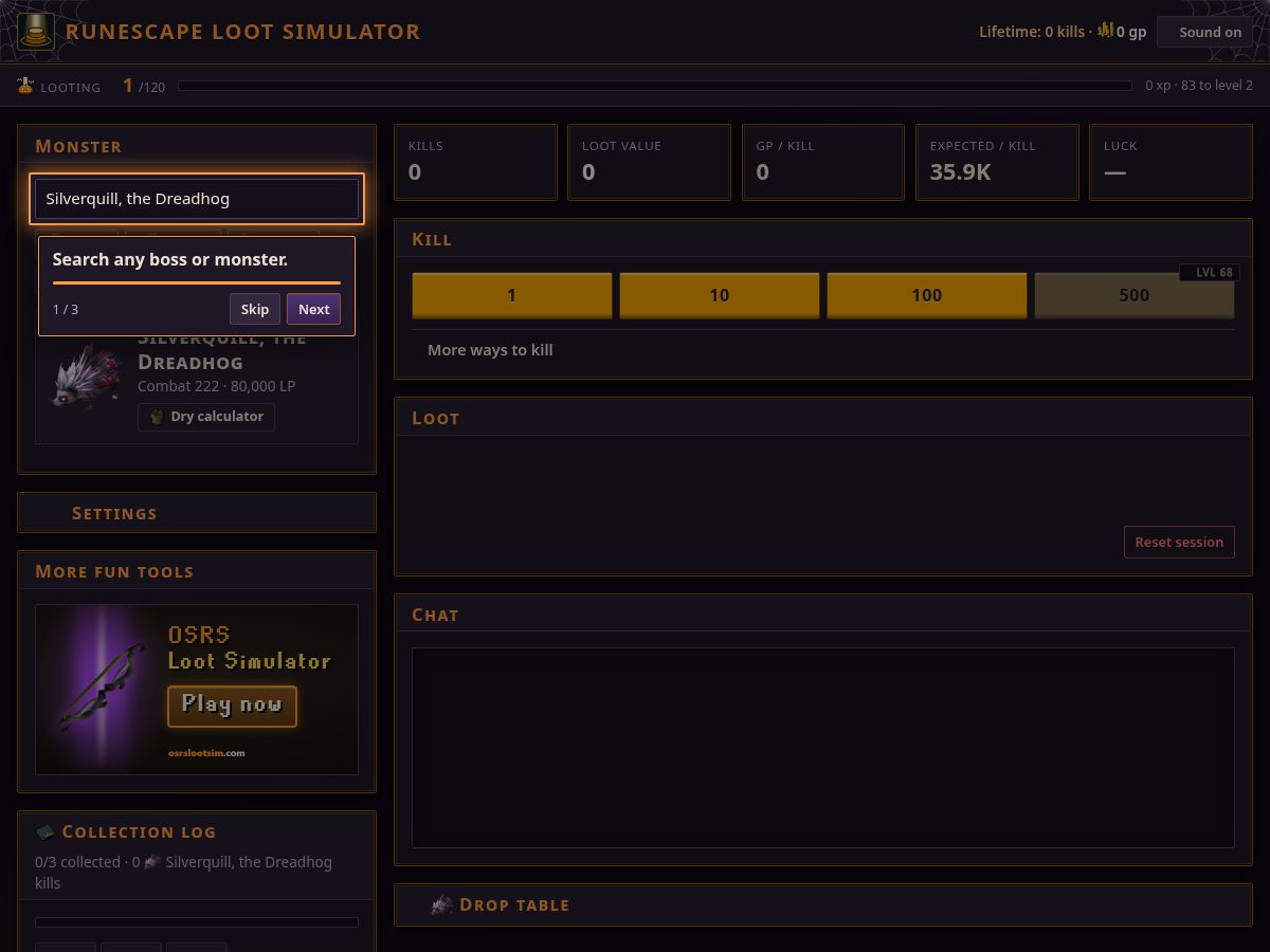 Landing-page snapshot of runescapelootsim.com