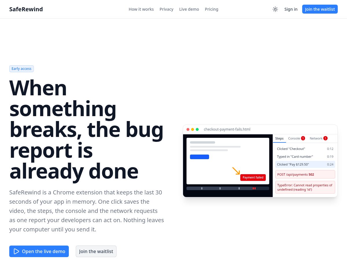 Landing-page snapshot of saferewind.com