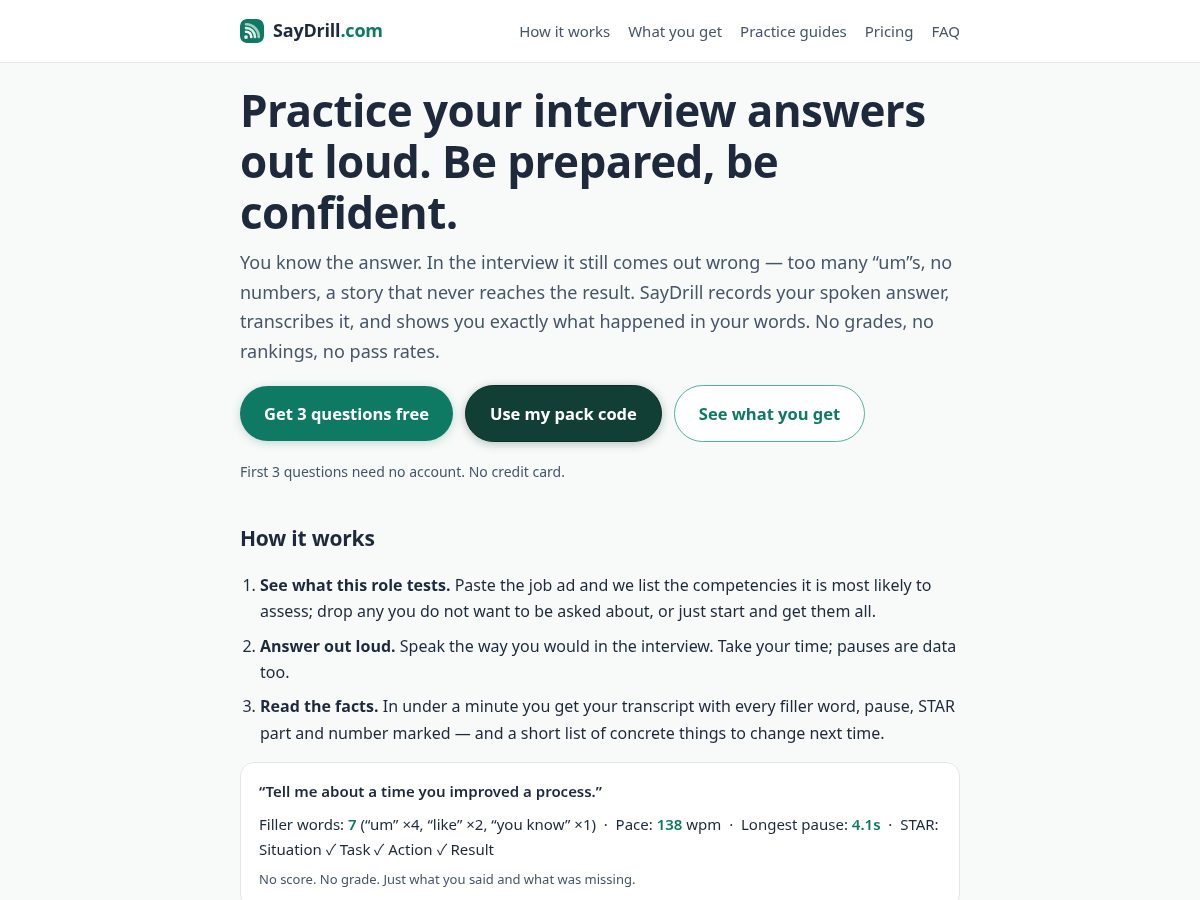 Landing-page snapshot of saydrill.com