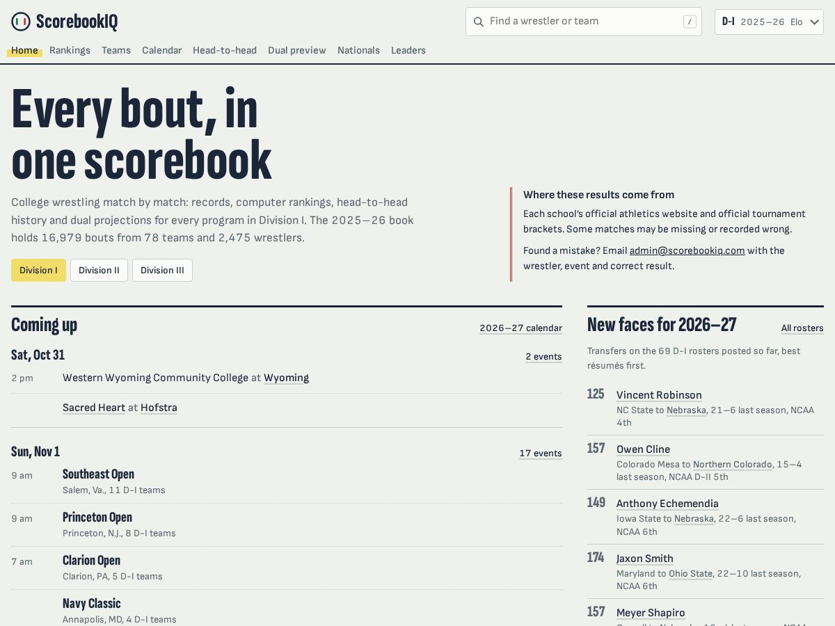 Landing-page snapshot of scorebookiq.com