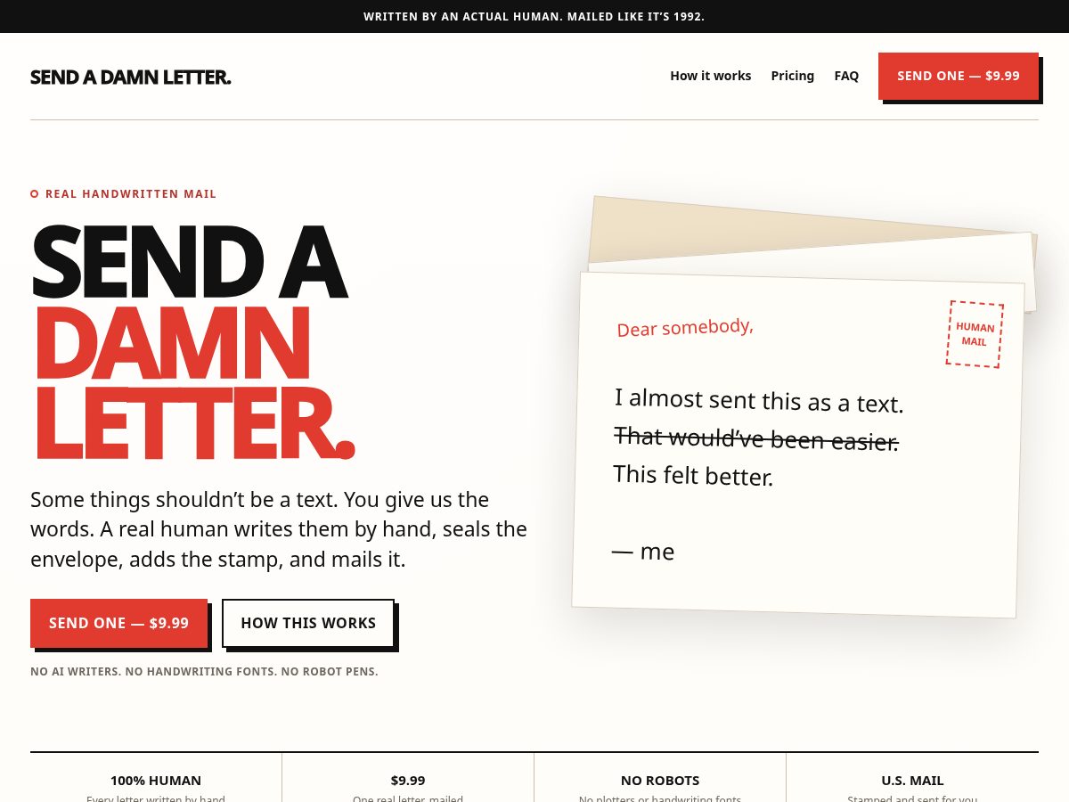 Landing-page snapshot of sendadamnletter.com