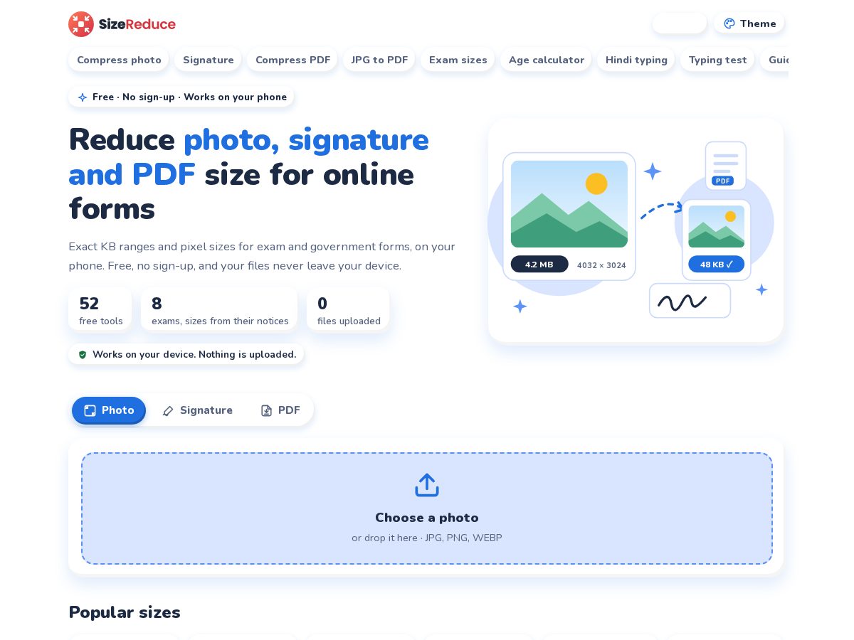 Landing-page snapshot of sizereduce.com