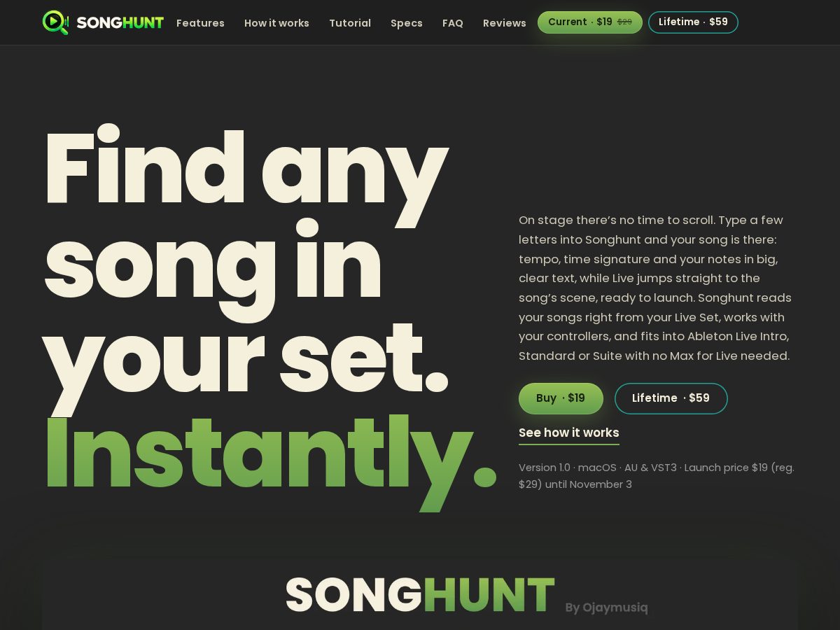 Landing-page snapshot of songhuntplugin.com