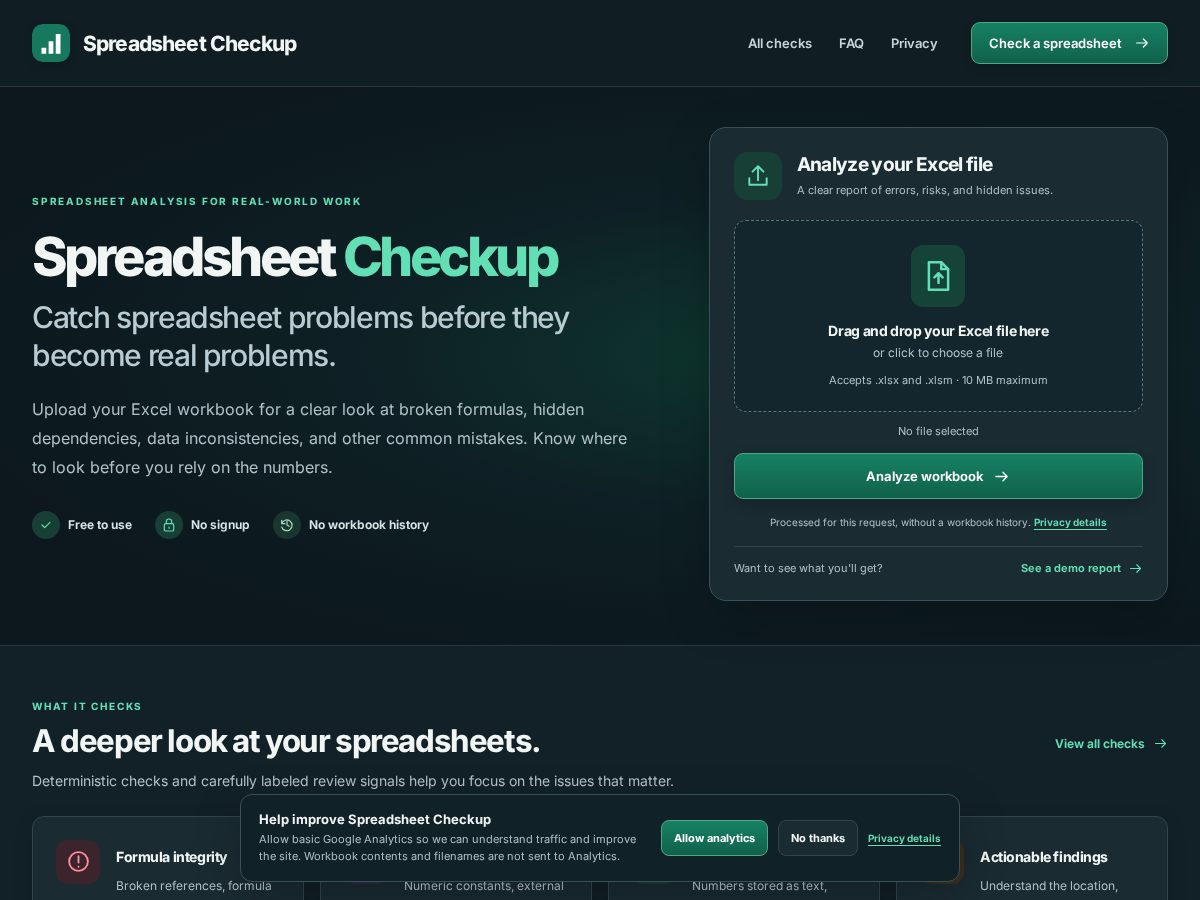 Landing-page snapshot of spreadsheetcheckup.com
