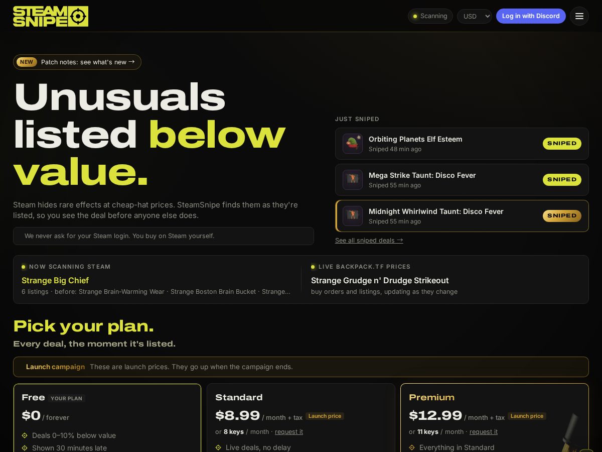 Landing-page snapshot of steamsnipe.com