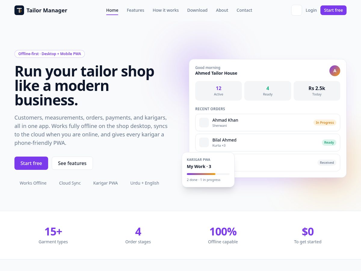 Landing-page snapshot of tailorshopmanager.com