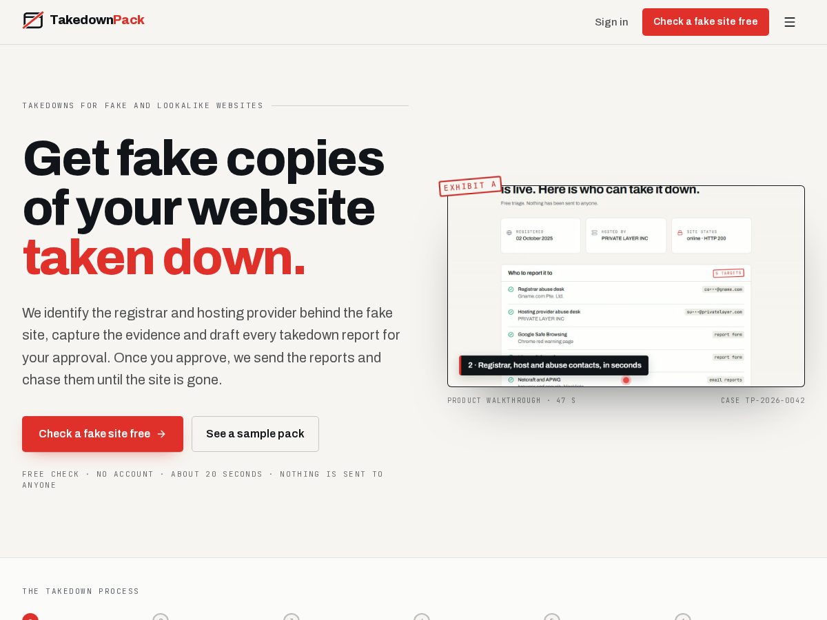 Landing-page snapshot of takedownpack.com