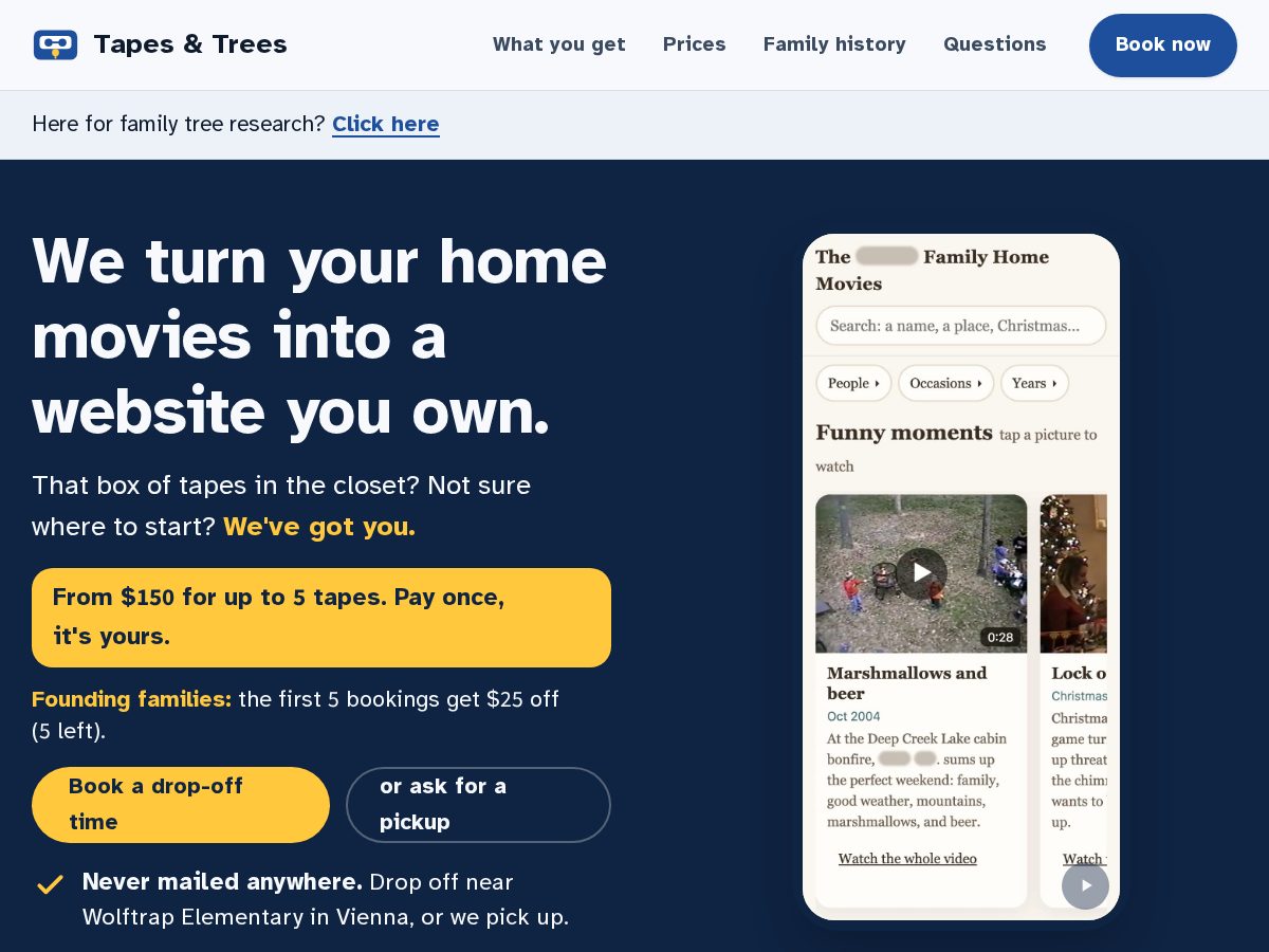 Landing-page snapshot of tapesandtrees.com