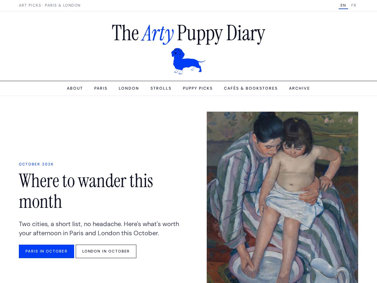 Landing-page snapshot of theartypuppydiary.com
