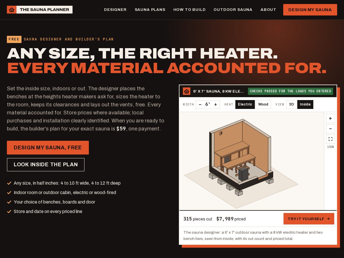 Landing-page snapshot of thesaunaplanner.com