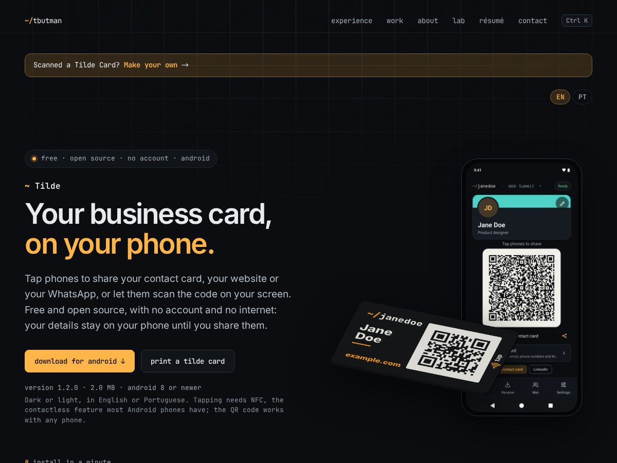 Landing-page snapshot of tildecard.com