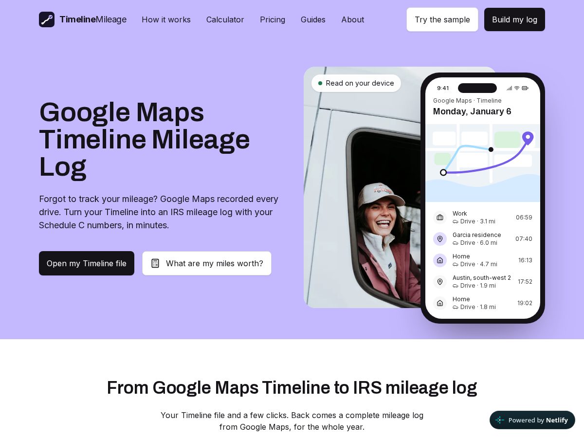 Landing-page snapshot of timelinemileage.com