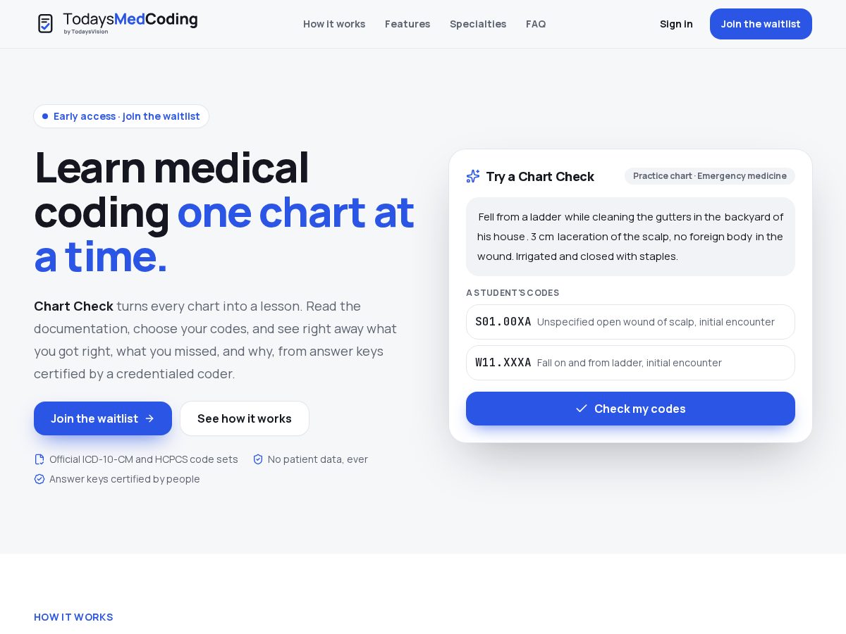 Landing-page snapshot of todaysmedcoding.com